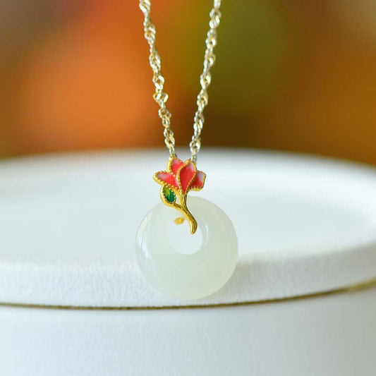 925 Silver Inlaid Hetian Nephrite "Blossoming Brocade" Princess Clasp Pendant