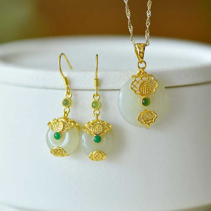 925 Silver Inlaid Hetian Nephrite "Peace & Smoothness" Jewelry Set