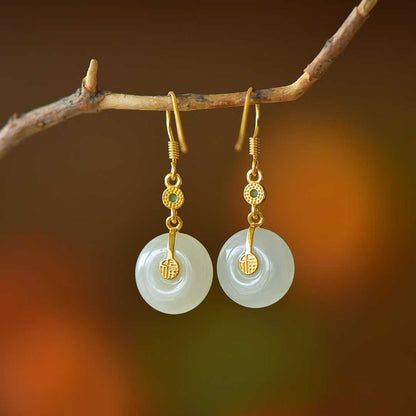 925 Silver Inlaid White Hetian Nephrite "Peace Buckle on Plum Branch" Dangle Earrings