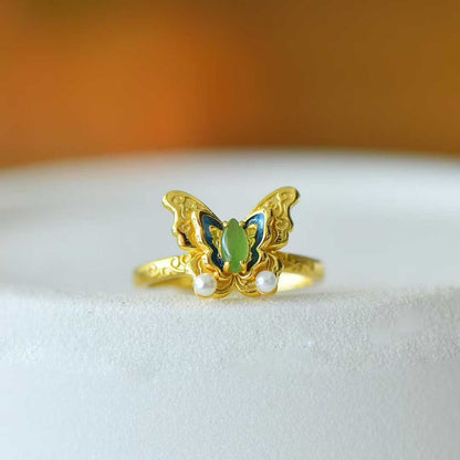 925 Silver Inlaid Hetian Nephrite Butterfly Ring