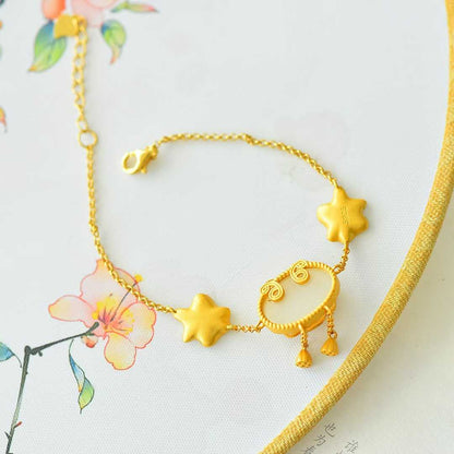 Elegant lotus fish design Hetian nephrite bracelet - 925 silver
