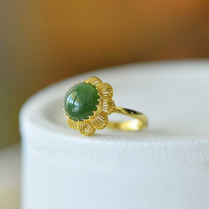 925 Silver Inlaid Hetian Nephrite Cabochon Hollow-Out Ring