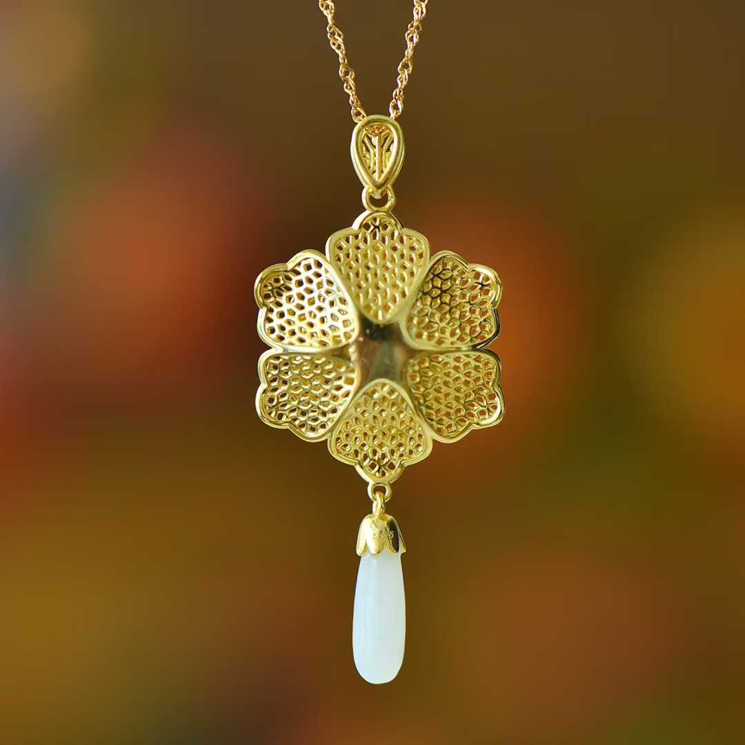 925 Silver Inlaid Hetian Nephrite "Blossoming Flowers & Prosperity" Pendant