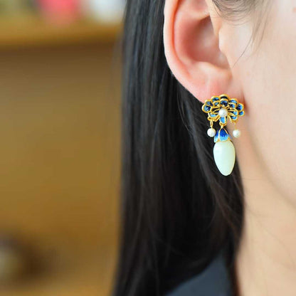 925 Silver Inlaid Hetian Nephrite "Peony in Bloom" Earrings