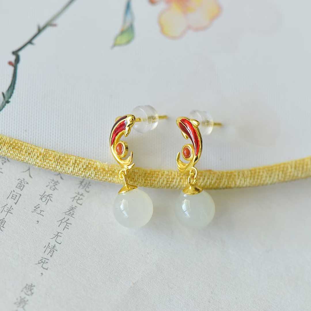 925 Silver Inlaid White Hetian Nephrite "Abundance Every Year" Fish Stud Earrings