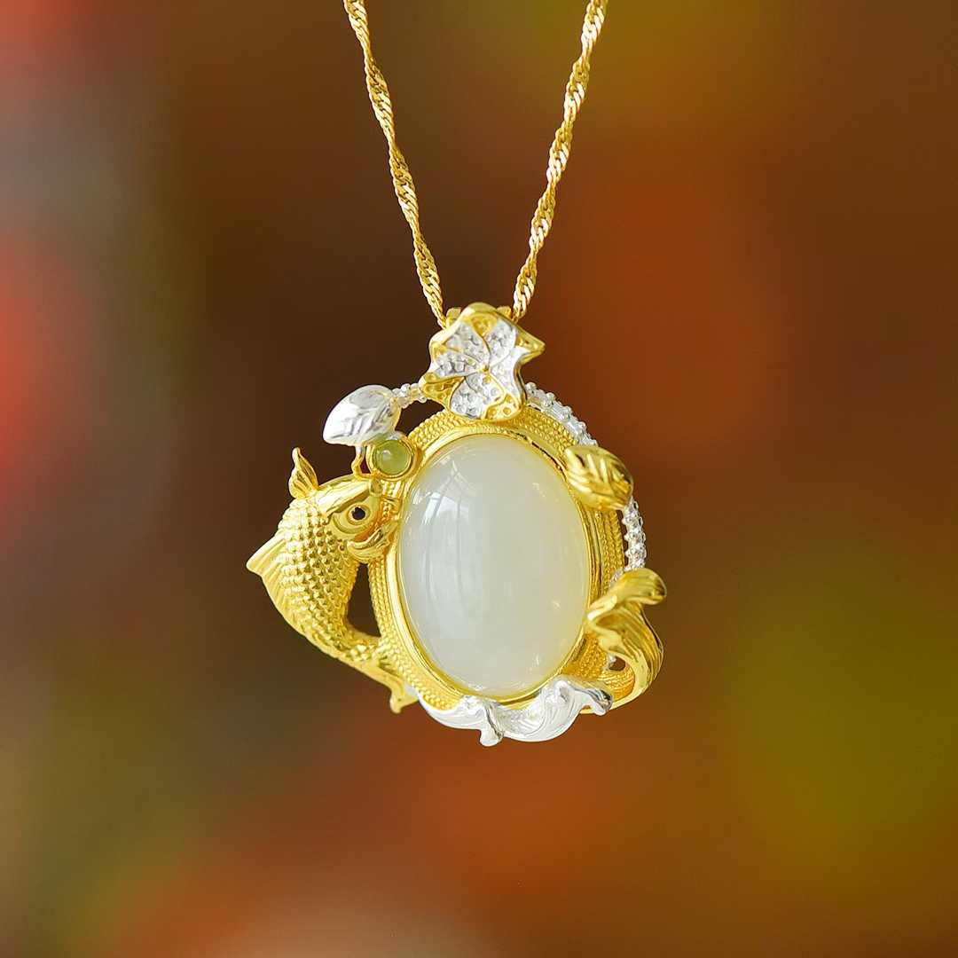 925 Silver Inlaid Nephrite "Like a Fish in Water" Pendant