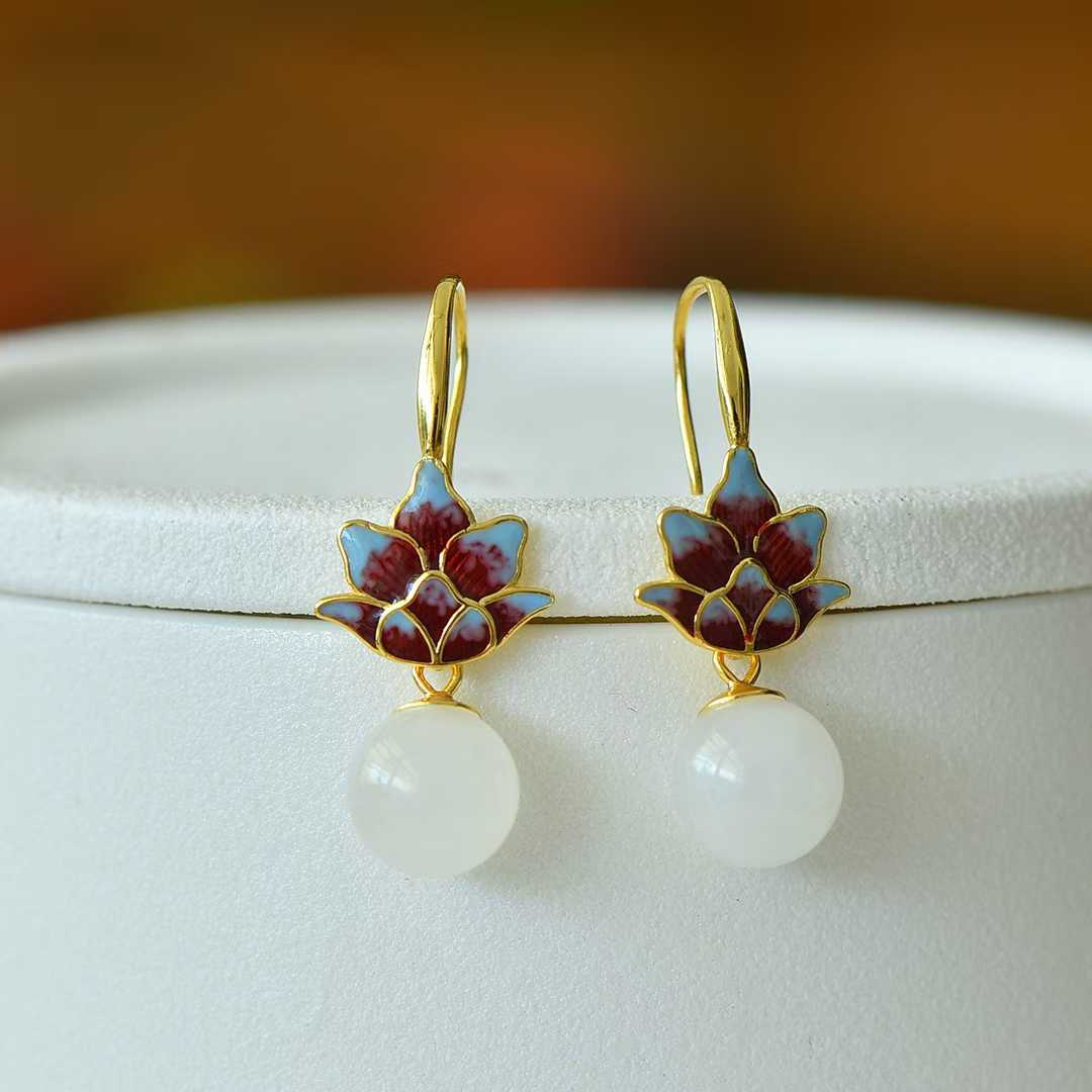 925 Silver Inlaid 10mm Nephrite (White Jade) Enamel Earrings