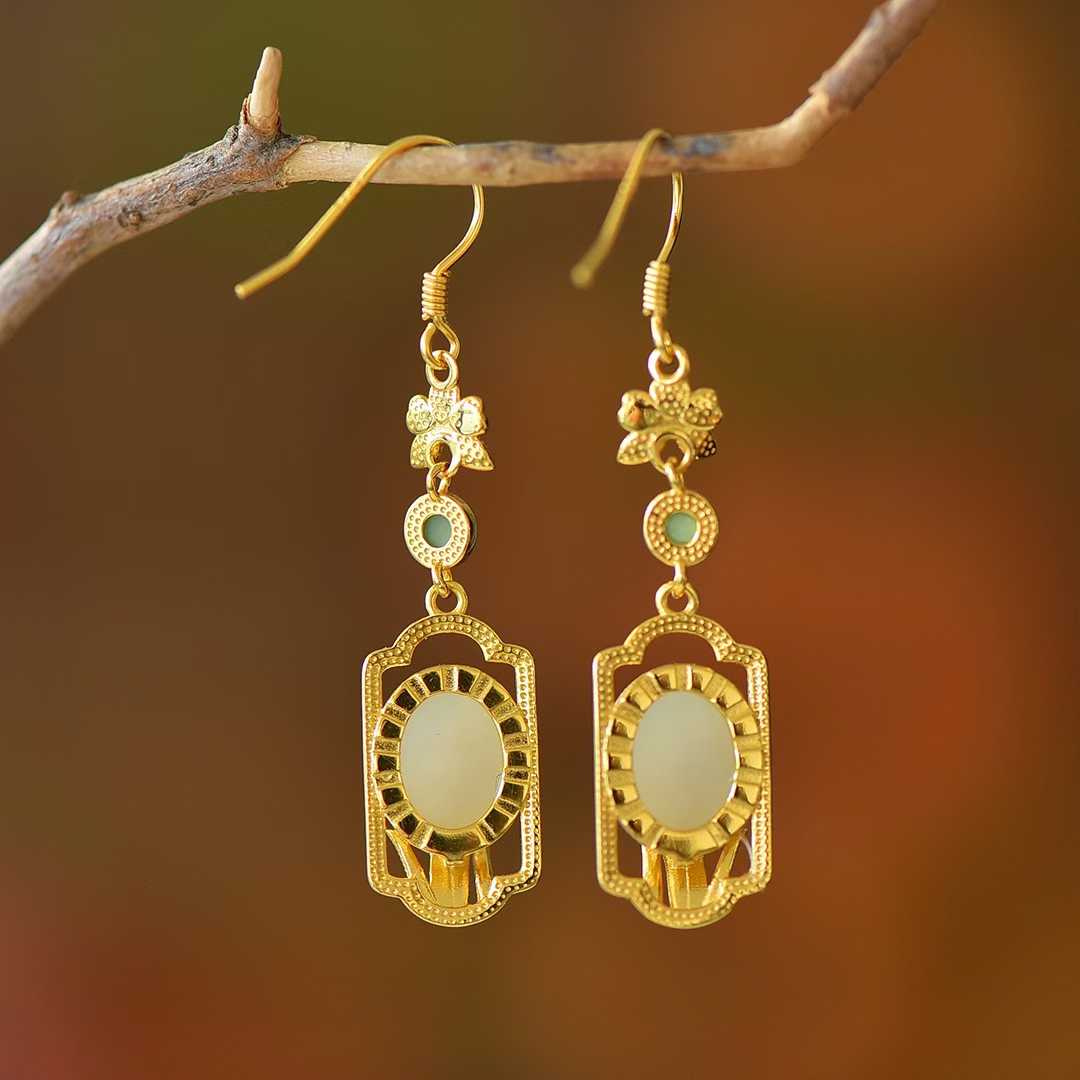 925 Silver Inlaid Hetian Nephrite "Orchid & Ruyi" Earrings