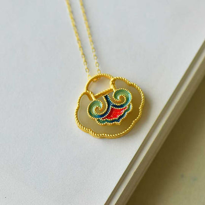 S925 Silver Inlaid Nephrite Enamel Ruyi Lock Pendant