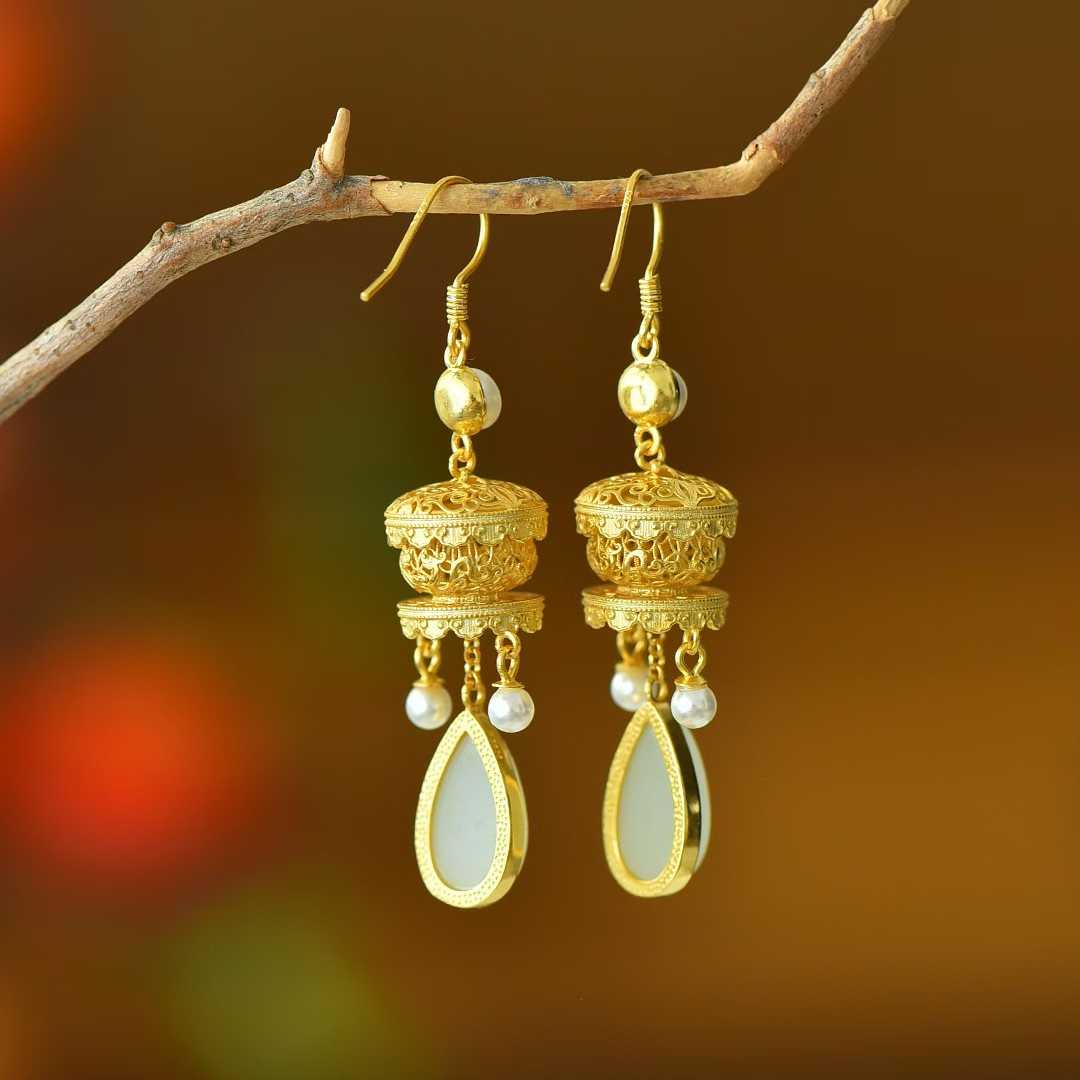 925 Silver Inlaid Nephrite Filigree Hollow Earrings