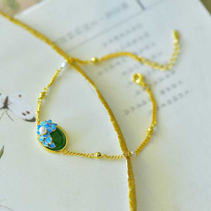 925 Silver Inlaid Hetian Nephrite "Prosperous Peony" Bracelet