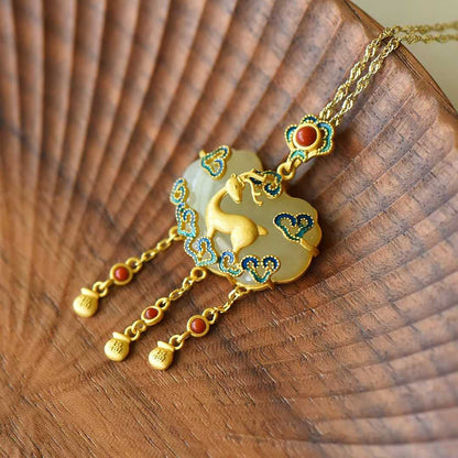 Ancient-Style Silver-Inlaid Hetian Jade Enamel Pendant with "Deer (Bringing You Good Fortune)", "Ruyi" & "Lucky Lock" Designs