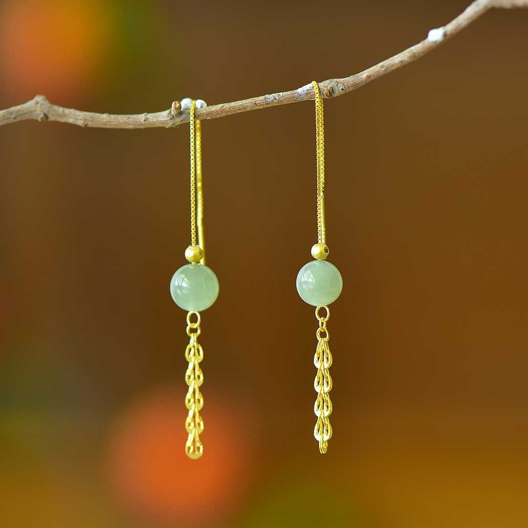 925 Silver Inlaid Hetian Qingshui Jade 8mm Full-Drilled Bead Phoenix Tail Plain Silver Earrings