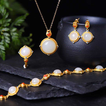 925 Silver Inlaid Hetian Nephrite "Thick Matte Gold" Jewelry Set Series