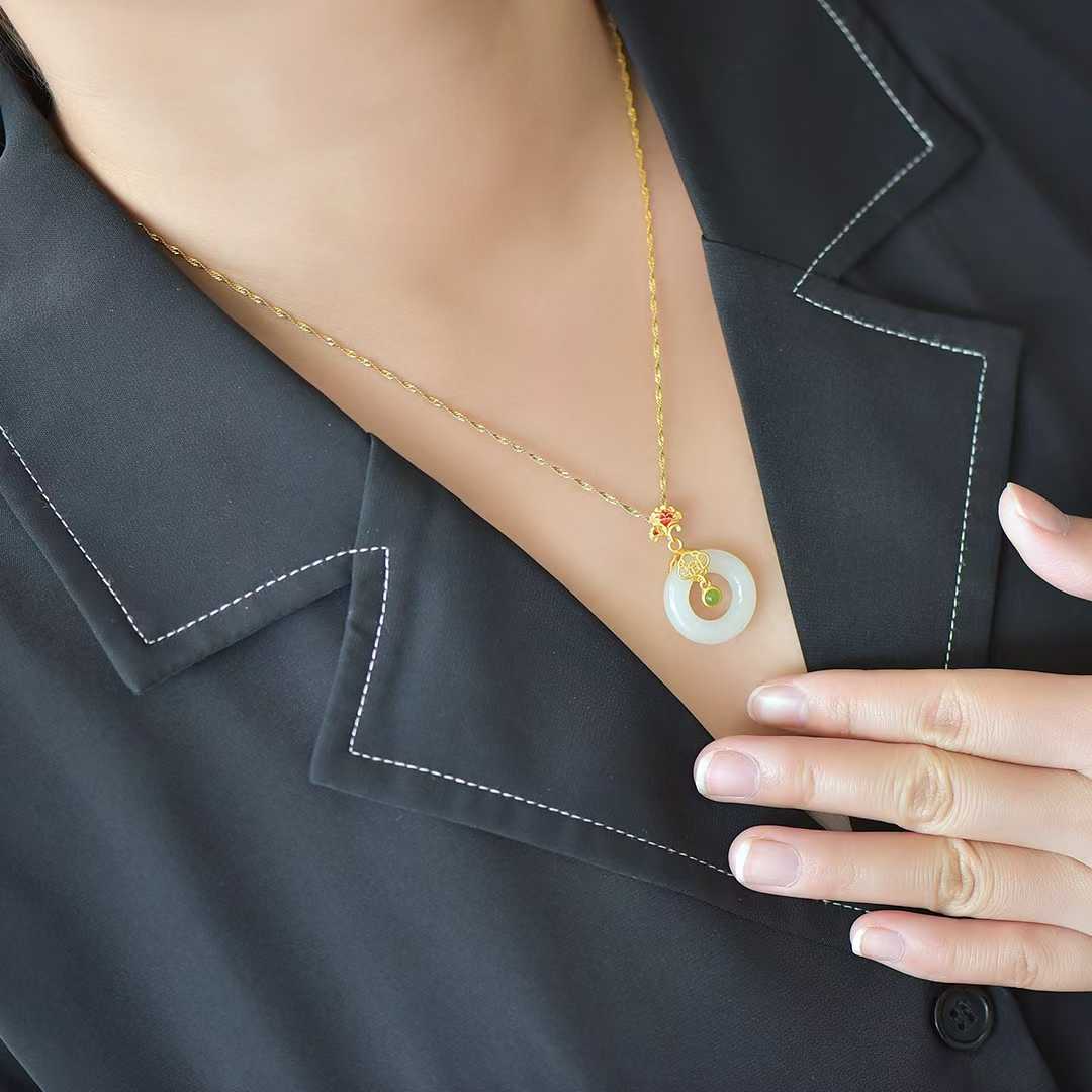 925 Silver Inlaid Hetian Nephrite "Carnation & Peace Circle" Pendant