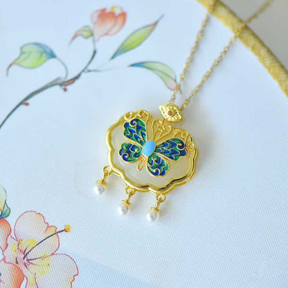 925 Silver Inlaid Hetian Nephrite "Ruyi Lock & Dream Butterfly" Pendant
