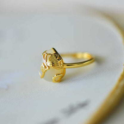 925 Silver Inlaid White Hetian Nephrite "Butterfly on Flower" Teardrop Ring