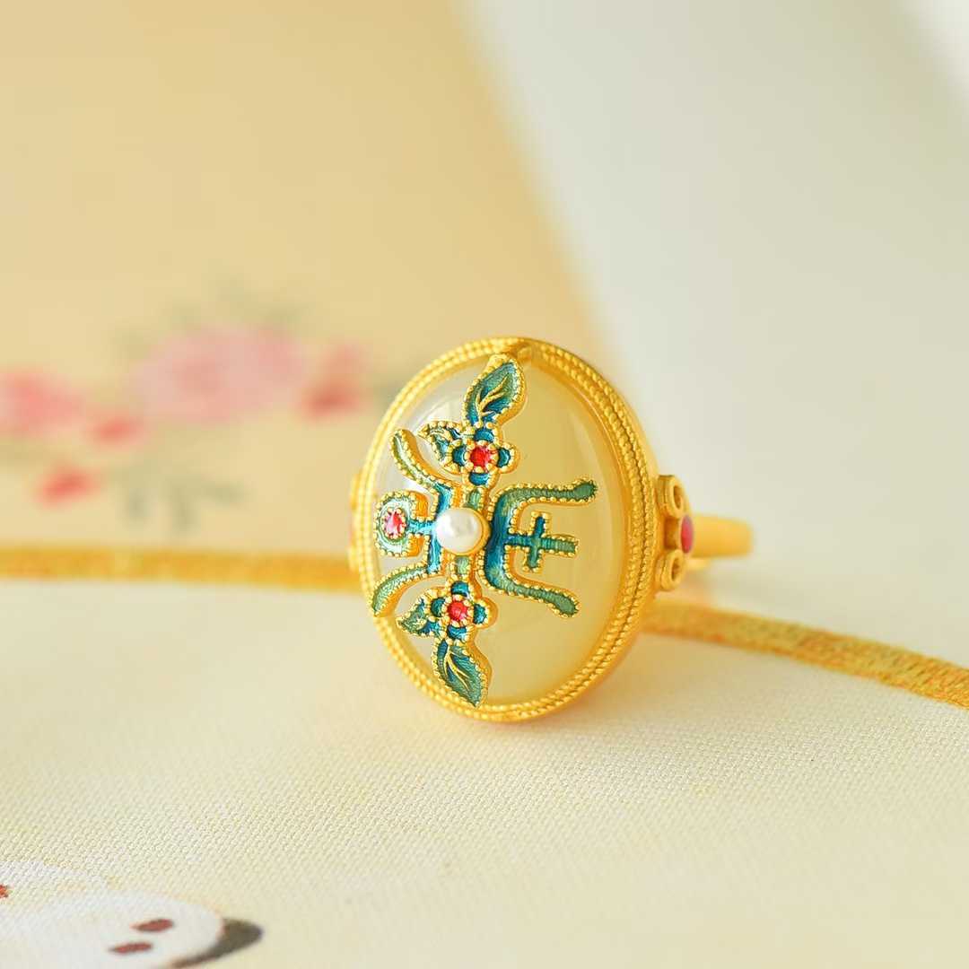 925 Silver Inlaid Enamel & White Hetian Nephrite "Blessing & Longevity" Ring
