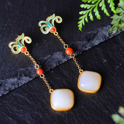 925 Silver Inlaid Natural Nephrite Drum-Face Earrings