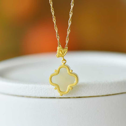 925 Silver Inlaid Hetian Nephrite "Phalaenopsis & Four-Leaf Clover" Pendant