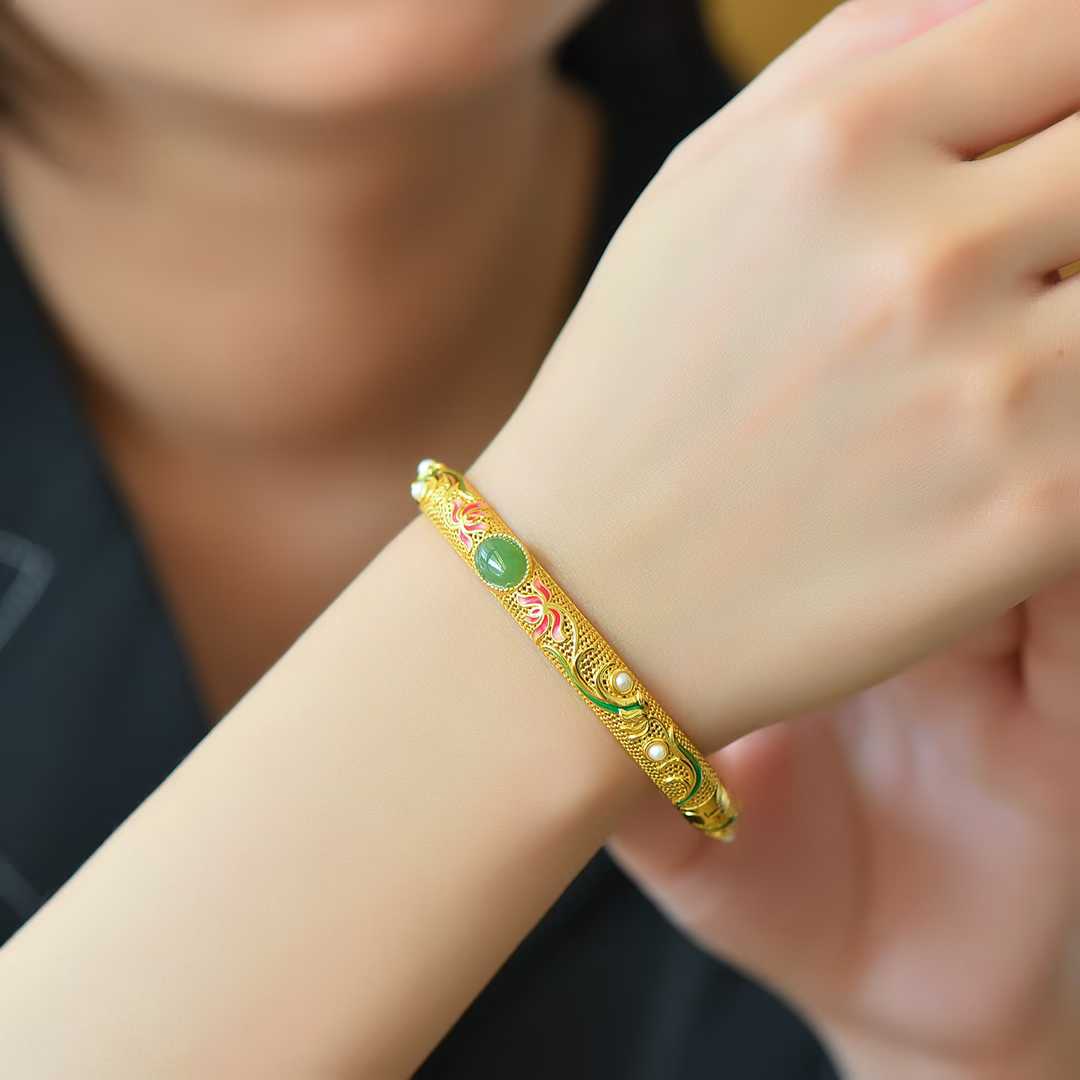 925 Silver Inlaid Hetian Jadeite (Jasper) "Lotus & Endless Luck" Enamel Bracelet