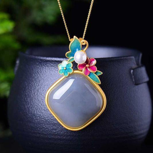 925 Silver Inlaid Hetian Nephrite "Smoky Gray & Matte Gold Enamel" Pendant
