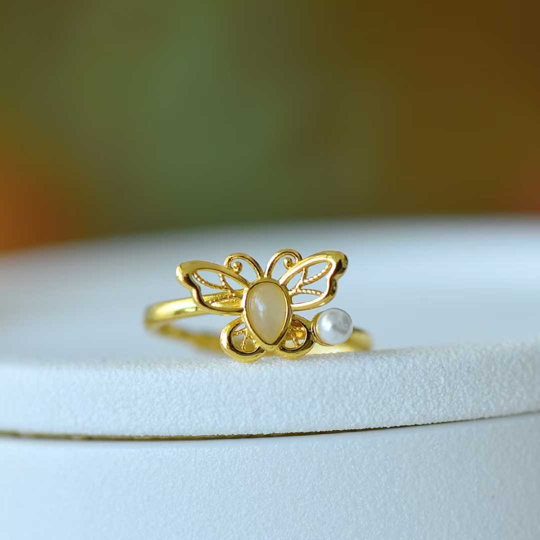 925 Silver Inlaid Hetian Nephrite "Water Drop & Butterfly" Hollow-Out Ring