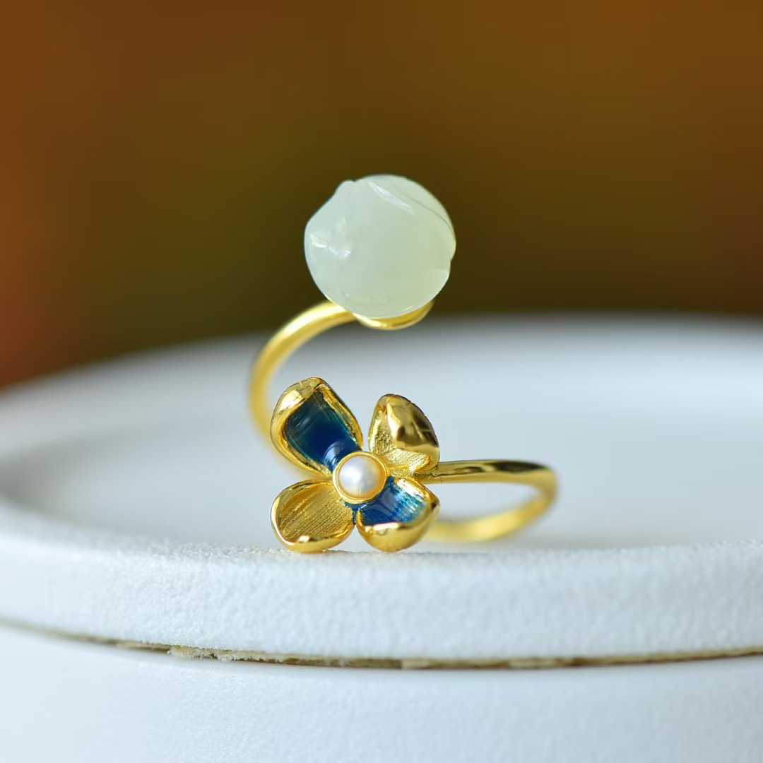 Ancient-Style Silver Inlaid Hetian Nephrite "Lotus & Annual Auspiciousness" Jewelry Set