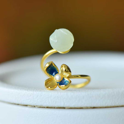 Ancient-Style Silver Inlaid Hetian Nephrite "Lotus & Annual Auspiciousness" Jewelry Set