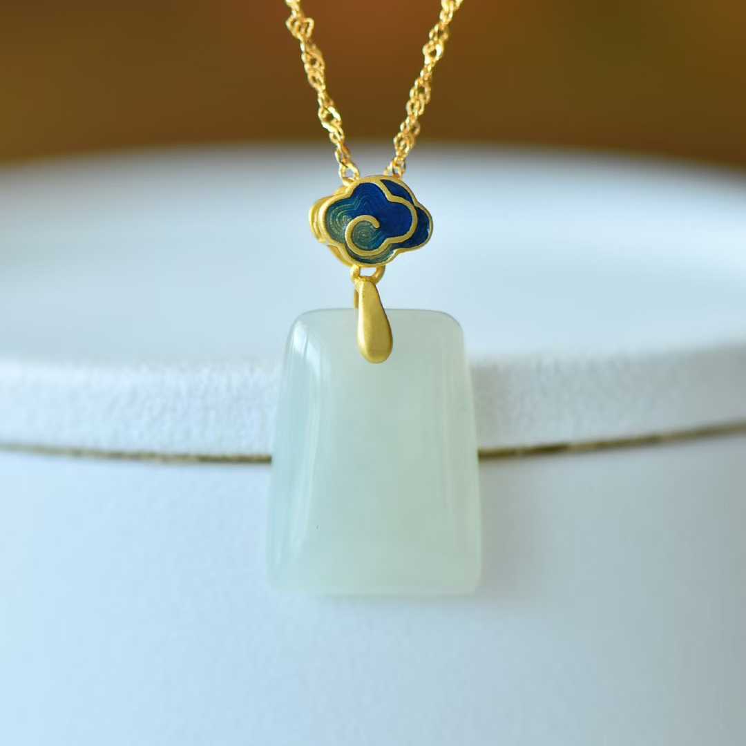 925 Silver-Inlaid Hetian Jade Pendant (Trapezoidal Peace Plaque, Auspicious Clouds & Ruyi Design)