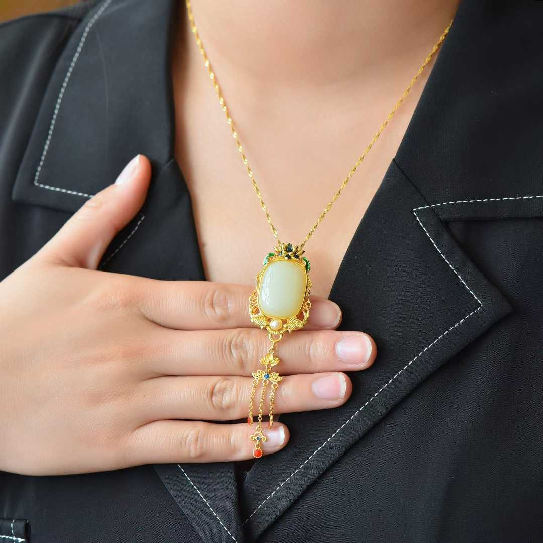 925 Silver Inlaid Hetian Nephrite "Year of Abundance (Fish) & Tassel" Pendant