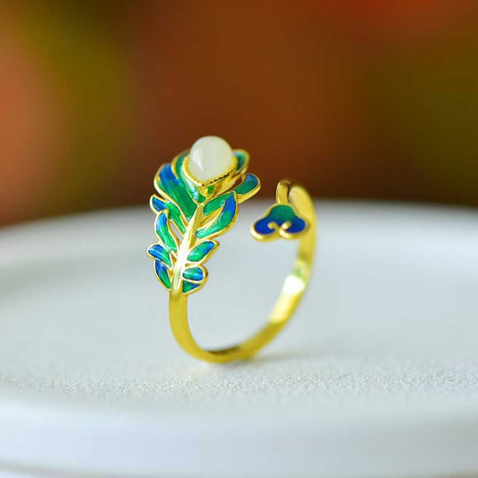 S925 Silver Inlaid Nephrite "Golden Branch Jade Leaf" Enamel Ring
