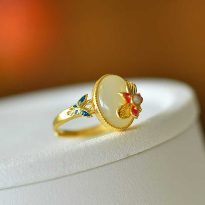 925 Silver Inlaid White Hetian Nephrite "Butterfly on Flower" Ring