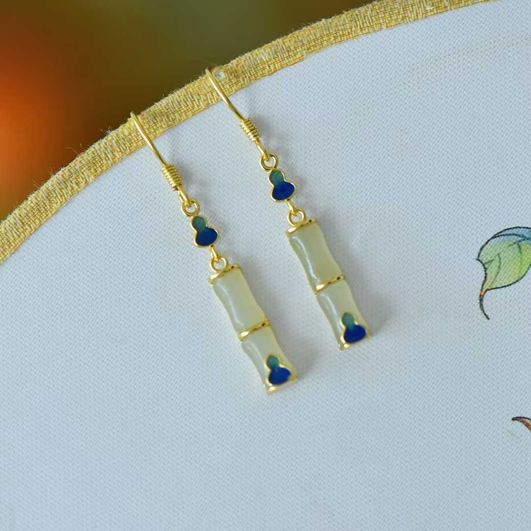925 Silver Inlaid Hetian Nephrite "Clear Water Jade, Bamboo Joint & Gourd" Earrings
