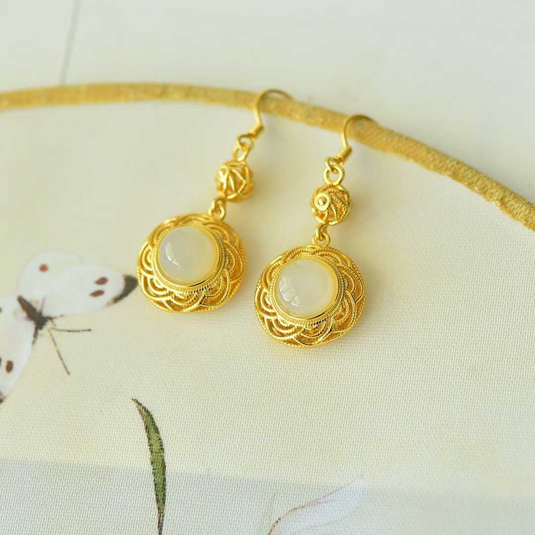 925 Silver Inlaid Nephrite "Flowers Bloom in Prosperity" Earrings