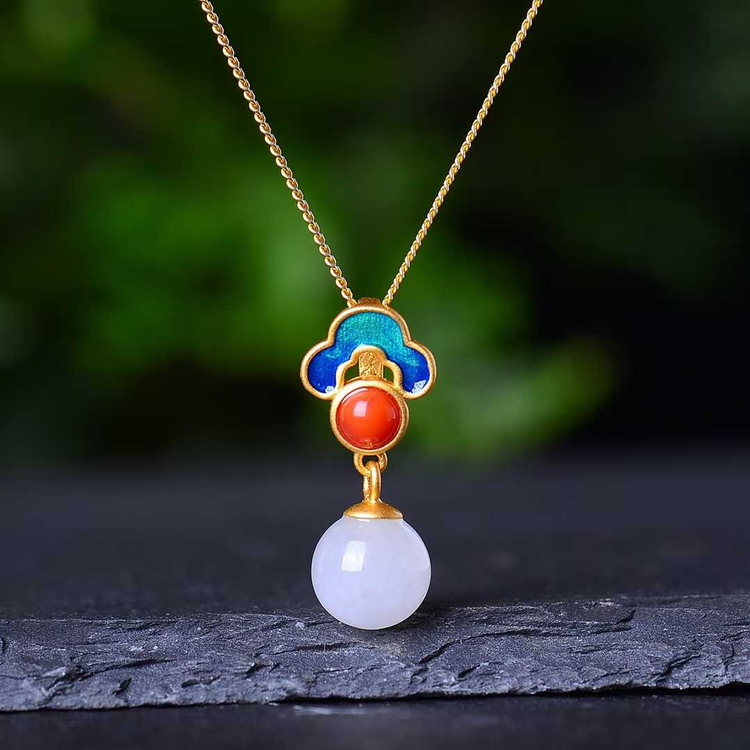 925 Silver Inlaid Hetian Nephrite 8mm White Jade Bead & Enamel Jewelry Set