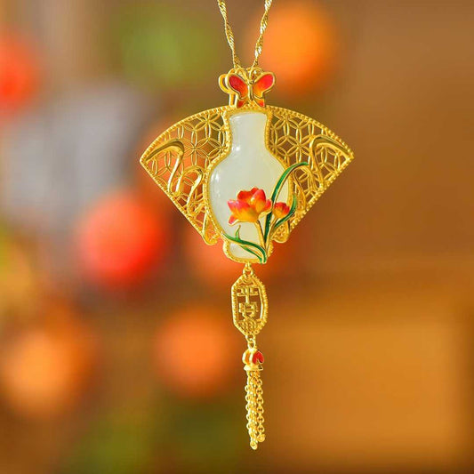 Vintage-Style Silver Inlaid Hetian Nephrite "Peace Vase" Tassel Set