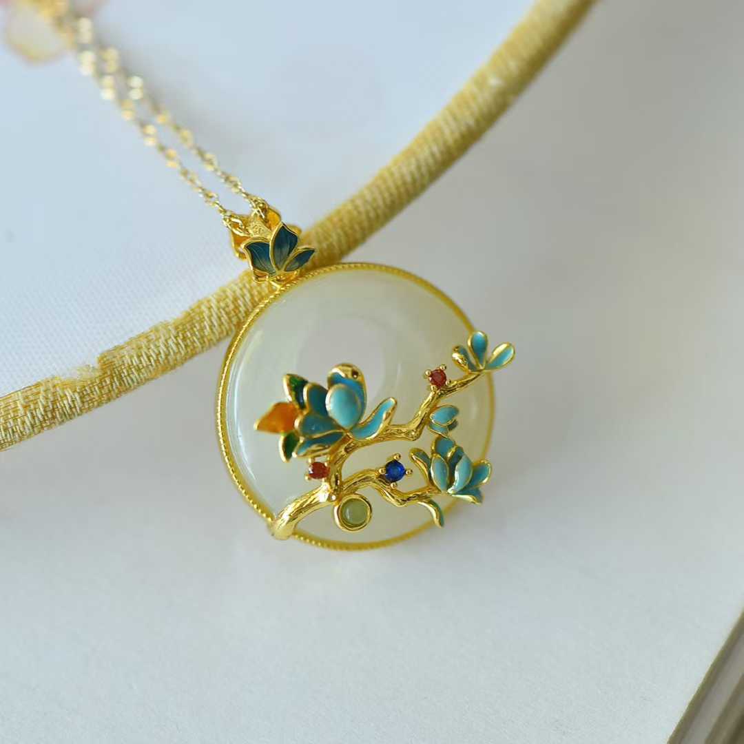 925 Silver Inlaid Hetian Nephrite "Princess Buckle & Butterfly-on-Flower" Pendant