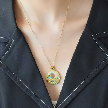 925 Silver Inlaid Hetian Nephrite "Princess Buckle & Butterfly-on-Flower" Pendant