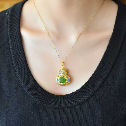 925 Silver Inlaid Hetian Jasper "Gourd & Filigree" Pendant
