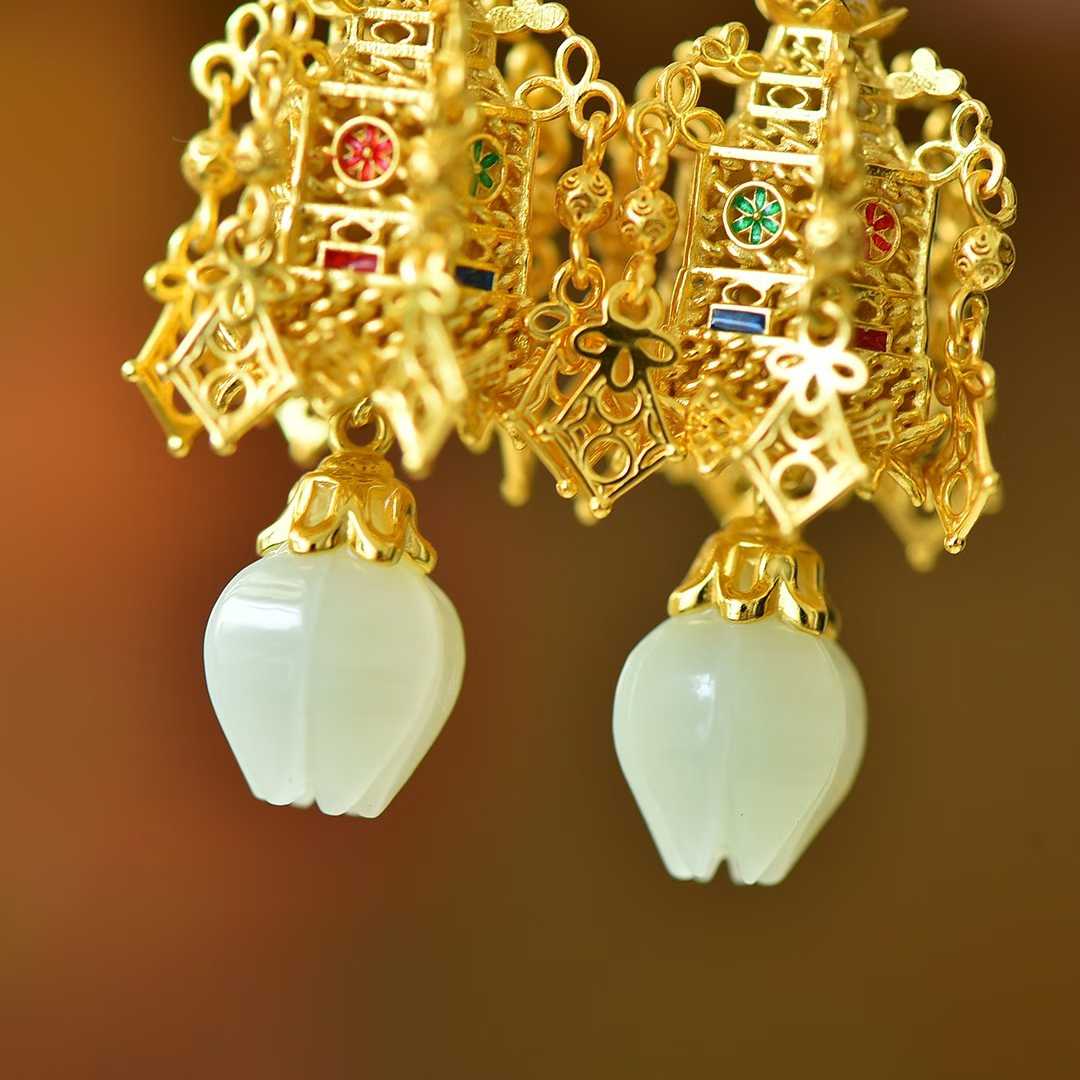 925 Silver Inlaid Nephrite "Qionglou Yuyu" Palace Lantern Earrings
