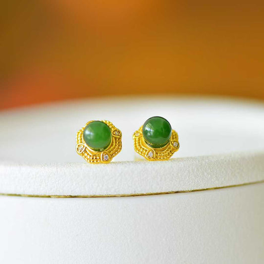 925 Silver Inlaid Hetian Green Nephrite "Stars Surrounding the Moon" Stud Earrings