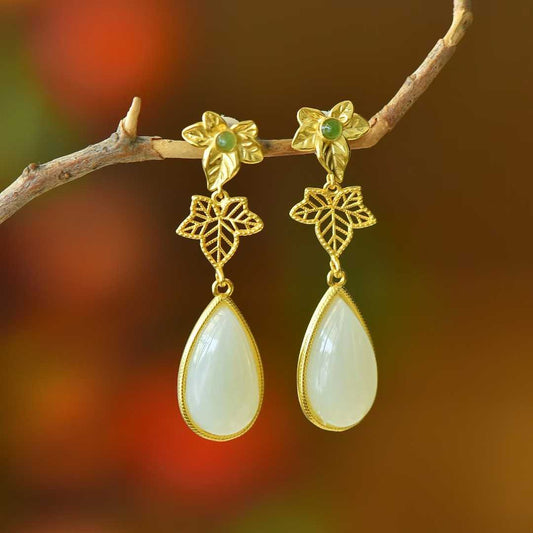 925 Silver Inlaid Nephrite "Golden Branch Jade Leaf" Earrings