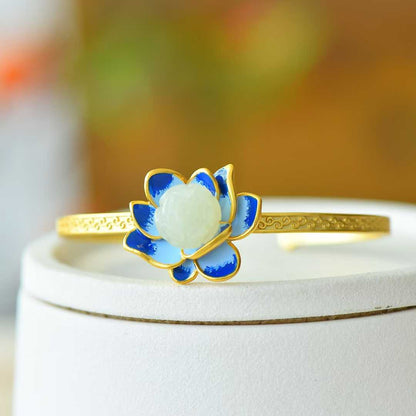 925 Silver Inlaid Hetian Nephrite "Lotus Beads & Endless Luck" Enamel Bracelet