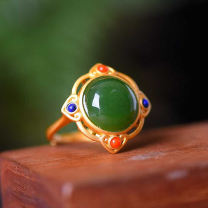 925 Silver Inlaid Vintage-Style Silver & Green Jade Cabochon Ring