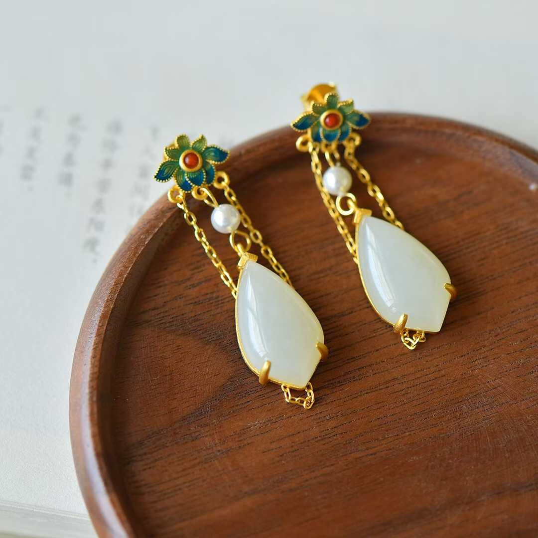 Detailed enamel work on Hetian jade - premium earrings