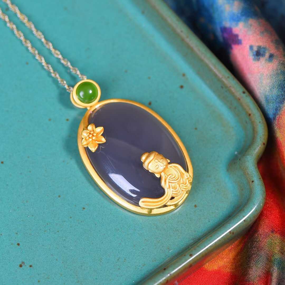 Ancient-Style Silver-Inlaid Hetian Jade Pendant (Smoky Cyan Cabochon)