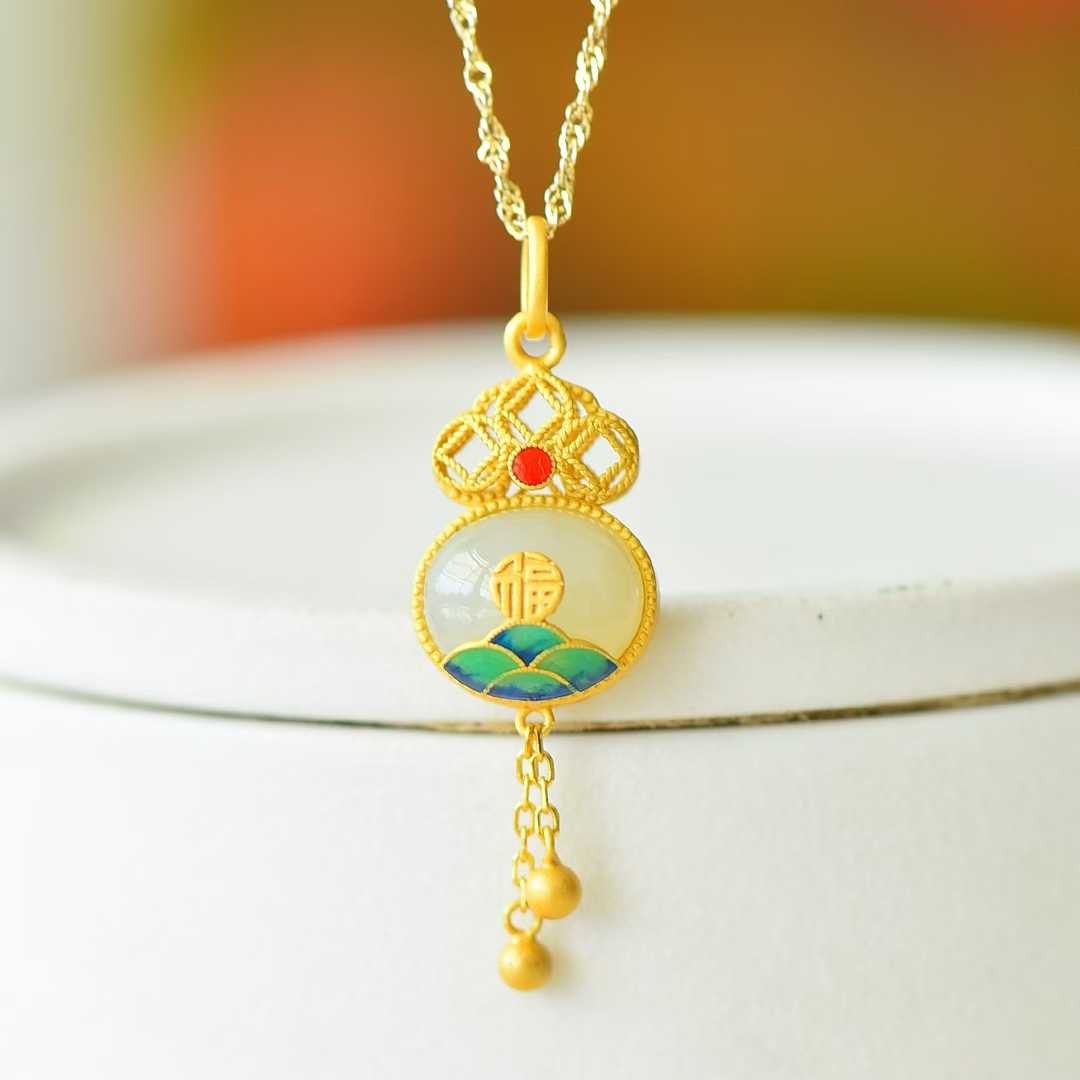 925 Silver Inlaid Nephrite Cabochon "Happiness and Longevity" Tassel Pendant
