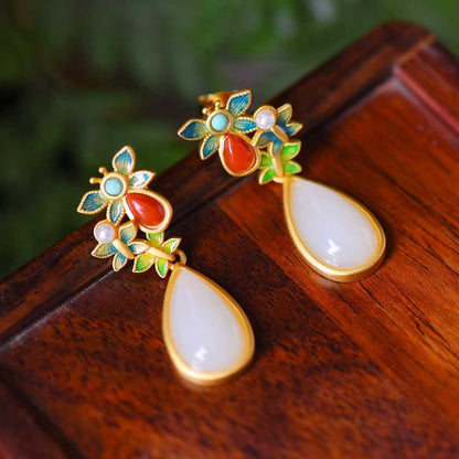 925 Silver Inlaid Hetian Jade Teardrop Enamel Earrings