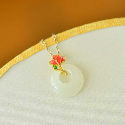 925 Silver Inlaid Hetian Nephrite "Blossoming Brocade" Princess Clasp Pendant